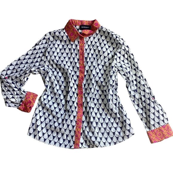 French Curve M Cotton Multicolor Novelty Print Contrast Trim Button-Up Top 180C - Picture 1 of 8